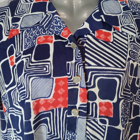 Vintage Blouse Button Down Shirt Women's Sz XL Blue Red White Geometric Retro - Picture 6 of 14